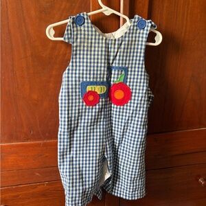 Kelly's Kids Blue Gingham Tractor Appliqué One-Piece